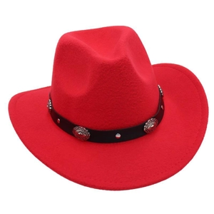 Close-up of red felt cowboy hat with black leather band and silver metal conchos
