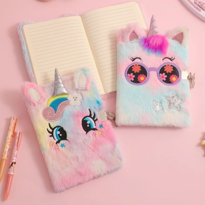 A5 plush unicorn journal with lock and rainbow faux fur cover for girls and kids