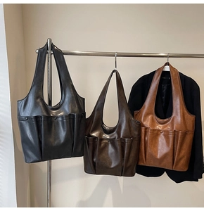 Detailed comparison of vintage leather tote bags in black, dark brown, and caramel colors