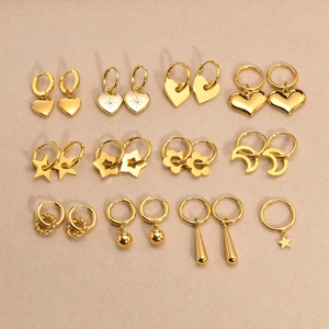 Stainless Steel Hoop Earrings For Women Gold Plated Star Heart Flower Drop Charms Minimalist Dangle Ear Jewelry