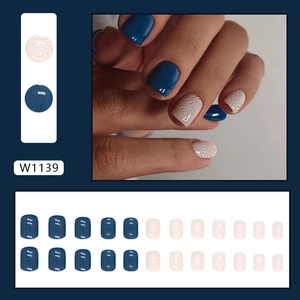 Blue and beige wave pattern press-on nails set with 24 pieces in minimalist style