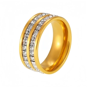Double row square zircon ring in 18K gold plated stainless steel shown from a 45-degree angle