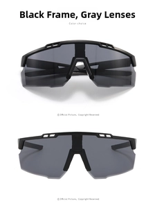 Detail view of sports cycling sunglasses with black frame and grey lens and vents