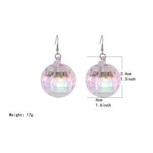 Detailed view of faceted iridescent sphere earrings with dimensions 4cm width and 17g weight