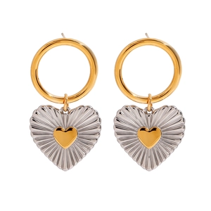 Two-tone heart drop earrings in gold and silver stainless steel with ray texture