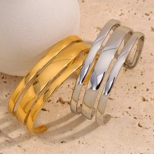 Bracelet jonc minimaliste double couche en acier inoxydable plaqué or 18 carats sur pierre