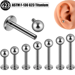 Detailed view of Solid G23 Titanium labret studs in various lengths and ear display