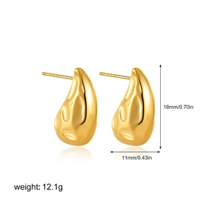 Detailed view of 14k gold teardrop earrings with dimensions and fluid metal texture