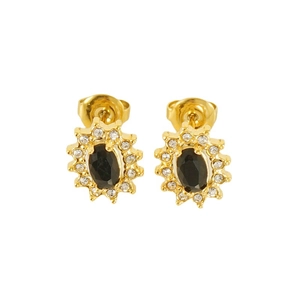 Golden sunflower earrings with black oval gemstone and sparkling zircon halo in stainless steel