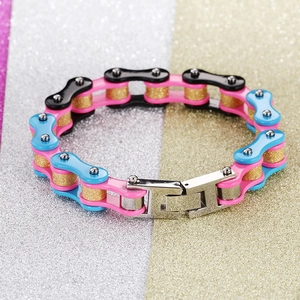 Bracelet chaîne de vélo en acier inoxydable avec segments colorés et finitions pailletées