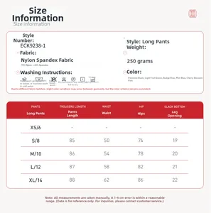 Größentabelle für High-Waist Yoga-Leggings mit Maßen und Materialangaben aus Nylon und Elasthan