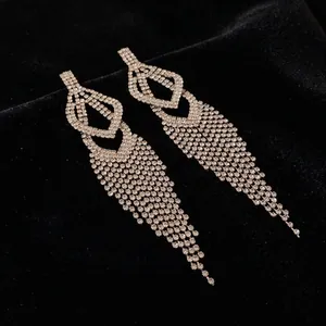 Silver needle hollow drop tassel earrings with sparkling rhinestones in long luxury style