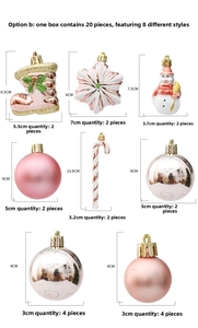 Detailed size chart for 20-piece Christmas ornament set with boots and snowflakes