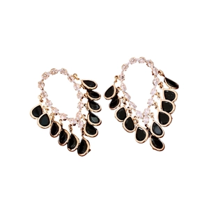 18K gold plated drop tassel earrings with black teardrop gems and zircon stones