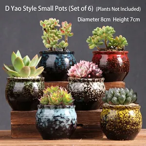 Set of 6 ceramic succulent pots with flowing glaze, size 8cm diameter and 7cm height