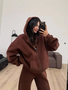 Women's dark brown thickened zip-up hoodie and high-waisted jogger set in soft cotton
