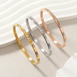 Stainless Steel Bangle Bracelet Rectangular Baguette Zircon Inlaid Buckle Clasp Minimalist Luxury Jewelry For Women