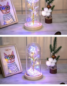 Detail of gold foil rose in glass dome with LED lights and colorful foam balls