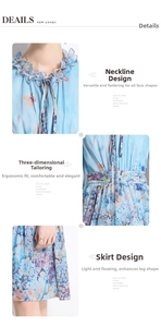 Detail of ruffled V-neckline and colorful floral print on chiffon dress