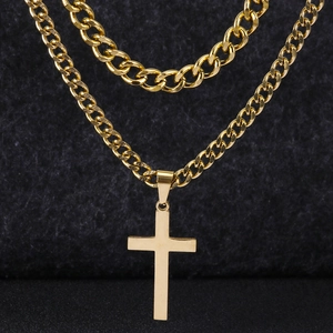Gold stainless steel cross pendant necklace with double layer Cuban link and twist chain