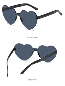 Detailed 45-degree and back views of heart-shaped rimless sunglasses with dark blue lenses