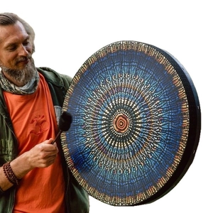 Handcrafted mosaic shaman drum with mandala pattern and drumstick for meditation