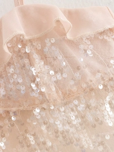 Detail of pink chiffon ruffles with silver circular sequins on mesh fabric material