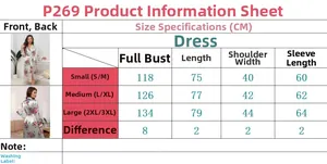Detailed size guide for floral satin nightrobe and slip dress set for women