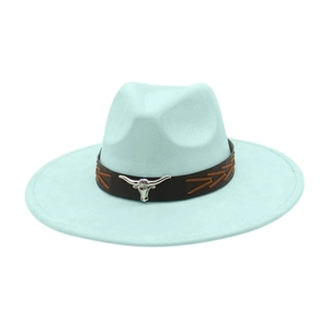 Detailed view of wide brim light blue fedora with silver bull head leather band