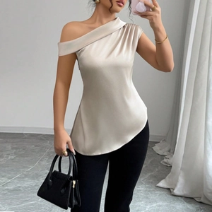 One Shoulder Satin Sleeveless Top For Women Asymmetrical Hem Draped Neck Elegant Summer Blouse Sophisticated Solid Color