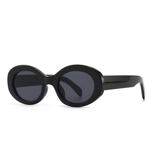 Oval marble pattern sunglasses with dark grey lenses and black glossy frame for women