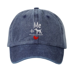 Navy blue washed cotton baseball cap with embroidered puppy and heart design for sun protection