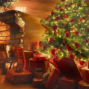 Cozy Christmas scene with a decorated tree, glowing lights, and festive gift boxes