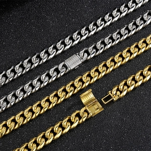 Men Cuban Link Necklace Stainless Steel Polished Chain With Rhinestone Box Clasp Punk Rock Hip Hop Jewelry Accessory