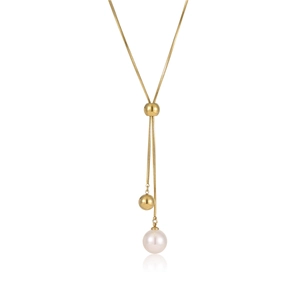 Long adjustable gold stainless steel Y-necklace with pearl pendant and snake chain style