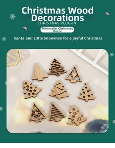 Detailed set of 9 natural wood Christmas tree ornaments with hollow snowflake and star patterns