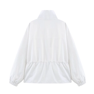 White long-sleeved high-neck jacket with adjustable drawstring waist and elastic cuffs