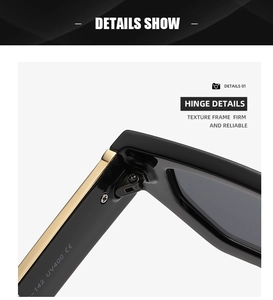 Detail of metal hinge on black sunglasses with UV400 and CE certification markings