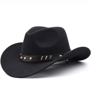 Western Cowboy Hat Fedora Felt Wide Brim Leather Band Metal Rivets Vintage Style For Men Women Kids