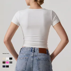 Slim fit white V-neck yoga t-shirt for women in breathable fabric with 8 color options