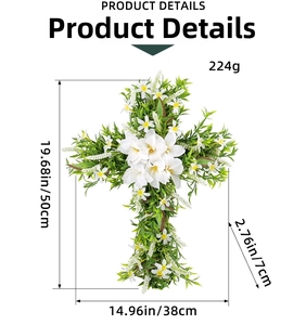 Detail showing dimensions of the cross lily wreath at 50cm height and 38cm width