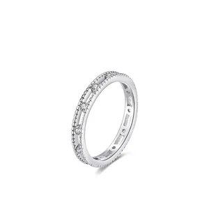 Bague classique en argent sterling S925 avec diamants pavés et bordure perlée