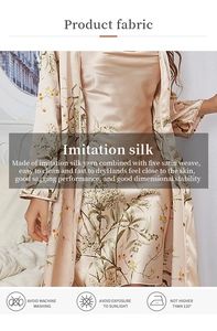Detail showing high-quality imitation silk fabric with floral pattern and smooth satin texture