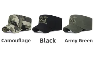 Drei Militärmützen in Camouflage, Schwarz und Armeegrün mit USA-Stickerei Detail