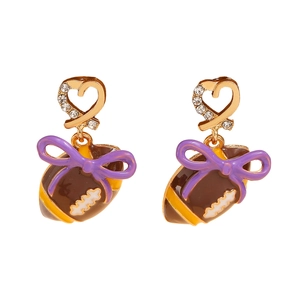 Goldene Herz-Rugby-Ohrringe mit Kristall-Pavé und lila Schleifen für sportlichen Schmuck