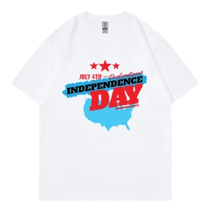White cotton t-shirt with blue map and red July 4th Independence Day print graphic