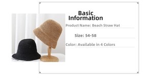 Detail of woven straw sun hat texture and size parameters for beach bucket hats