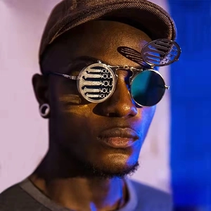Steampunk steampunk metal flip-up sunglasses with silver frames and 'YOU' hollow engraving