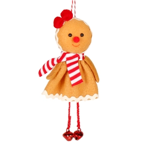 Cute gingerbread man Christmas tree ornament in brown felt with red bell and bow