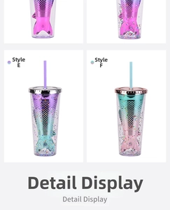 Detail of mermaid tail double-layer plastic cup with gradient sequins and straw